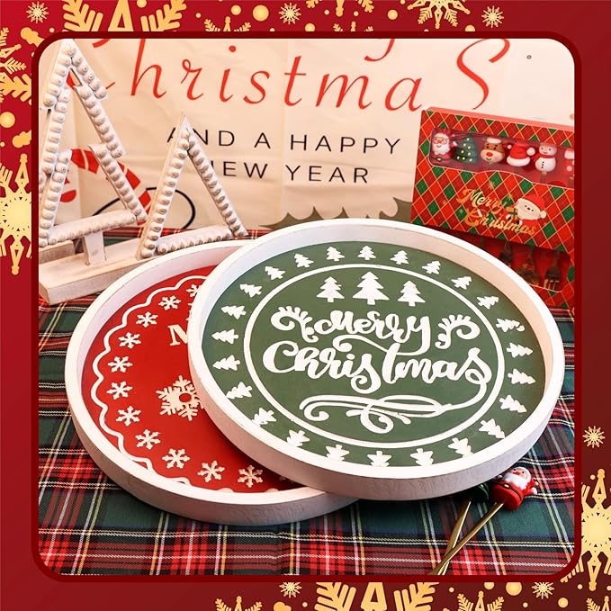 Christmas Wood Decorative Ottoman Tray for Coffee Table Kitchen Counter, Living Room, Round Handcrafted Green Wooden Serving Tray for Table Centerpiece