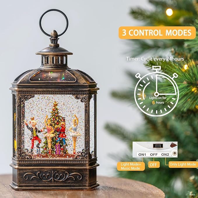 Christmas Snow Globe Lantern Lighted Nutcracker Suite Scene Musical Snow Water Lantern Swirling Glittering Home Decoration and Gift, Battery Operated or USB Powered