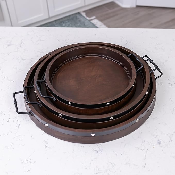 16" Large Round Ottoman Tray, Heavy Duty Mango Wood, for Serving Tea, Breakfast in Bed, Living Room Large Coffee Table Tray Rustic with Farmhouse Style, Decorative Handles and Accent Strap