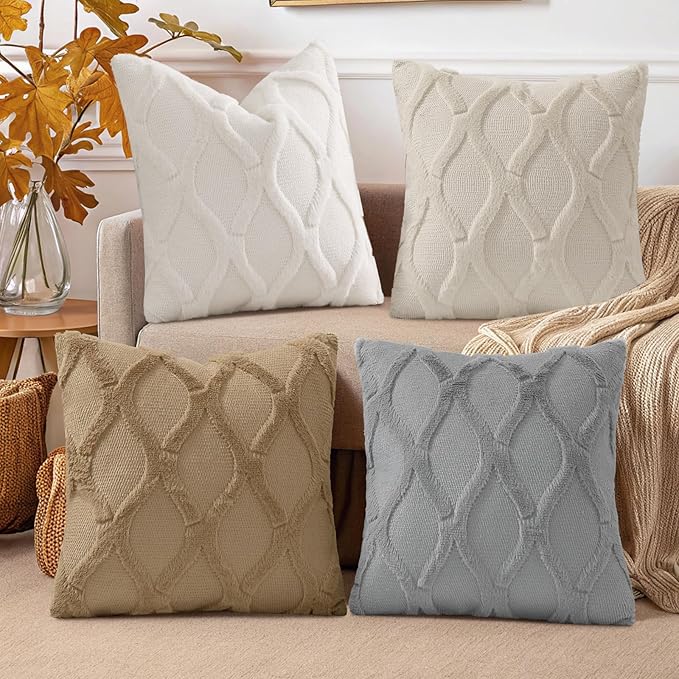 decorUhome Set of 4 Throw Pillow Covers 18x18 Inch, Neutral Decorative Soft Plush Faux Wool Couch Pillow Covers, Farmhouse Pillow Cases for Living Room Bed Sofa (Cream/Khaki)