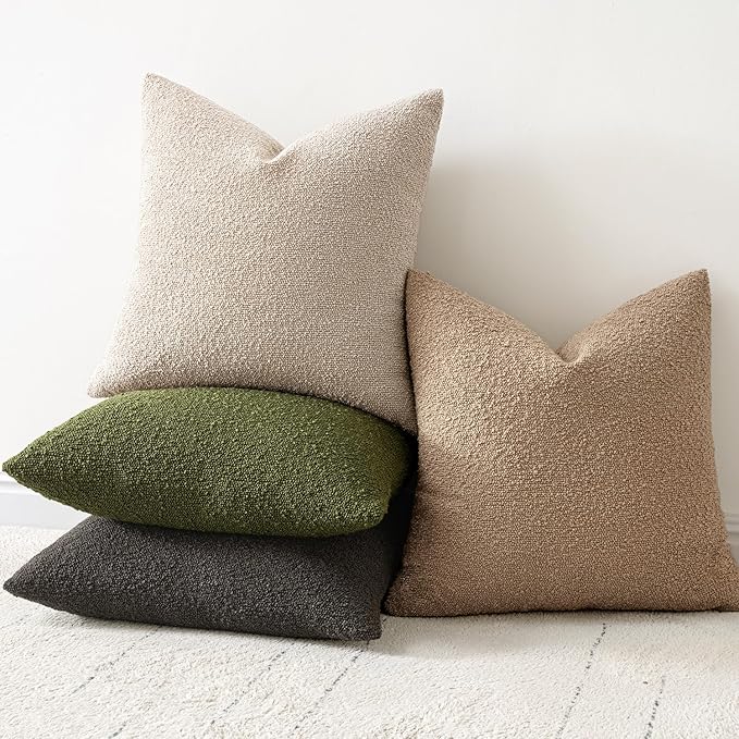 Woaboy Pack of 2 20x20 Inch Decorative Boucle Throw Pillow Covers Textured Square Pillowcaes Accent Solid Cozy Soft Cushion Covers Home Decor for Sofa Couch Living Room Home Decor,Olive Green