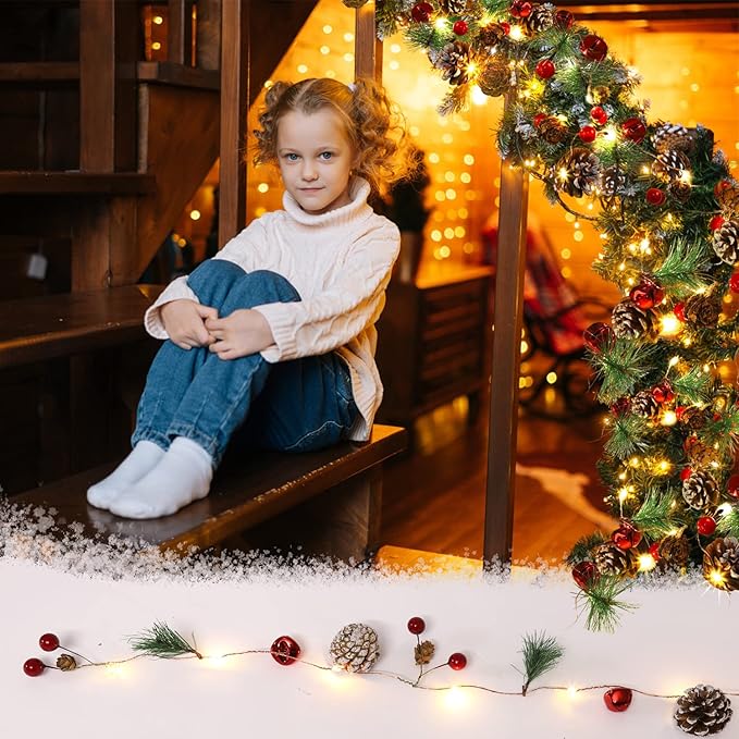 10FT Enchanting Christmas Garland with 30 LED Lights Battery Operated-Realistic Red Berries & Pine Cones Decor for Tree,Fireplace Mantel,Indoor Holiday Home Decor (10Ft)
