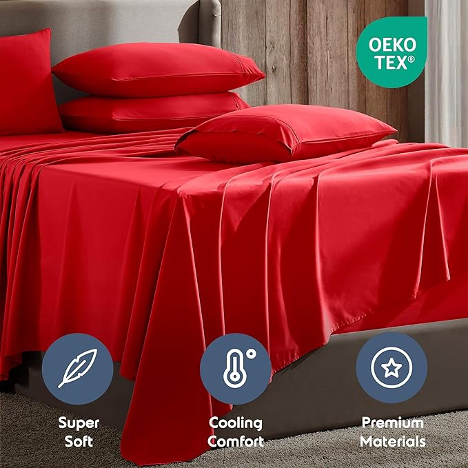 Nestl Extra Deep King Sheet Set - 6 Piece Breathable & Cooling Sheets - Hotel Luxury Bedding Set w/18-24 Inch Deep Pockets - Easy & Secure Fit - Super Soft, Wrinkle Free & Comfy - Red