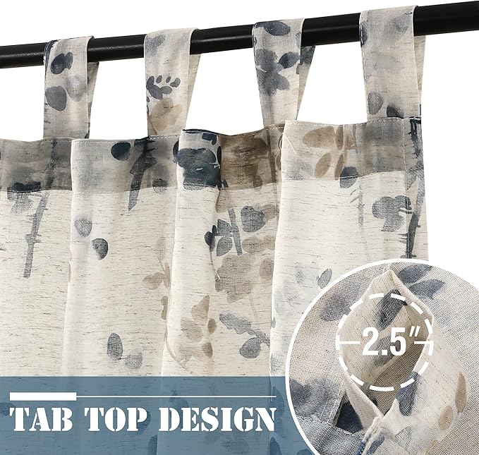 H.VERSAILTEX Linen Sheer Curtains for Living Room Sheer Panels 84 Inches Long Light Filtering Tab Top Window Treatment Drapes for Bedroom, 2 Panels, Vintage Classical Floral Print Bluestone and Taupe