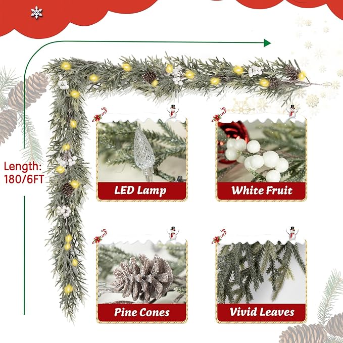 6FT Pre-lit Christmas Garlands with Lights Artificial Christmas Lighted Greenery Pine Cones Garland with White Berries for Christmas Door Mantle Stairs Railing Home Holiday Xmas Decoration Indoor