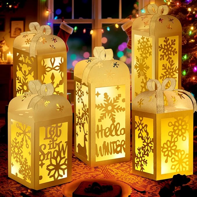 OuMuaMua Christmas Centerpiece Table Decorations, 6Pcs Light Up White Snowflake Paper Lanterns Decorative Glitter Table Centerpiece Boxes for Winter Wonderland Christmas Holiday Party Home Decor