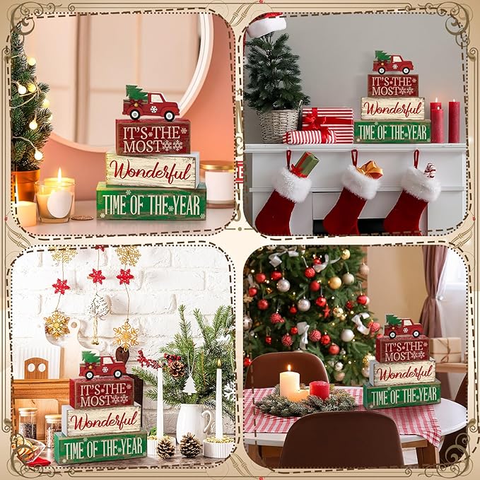 4 Pcs Christmas Decor Wooden Red Truck Winter Tiered Tray Decor Rustic Merry Christmas Table Centerpiece Wood Red Truck Block Sign Gift Farmhouse for Home Kitchen Tabletop Office Shelf