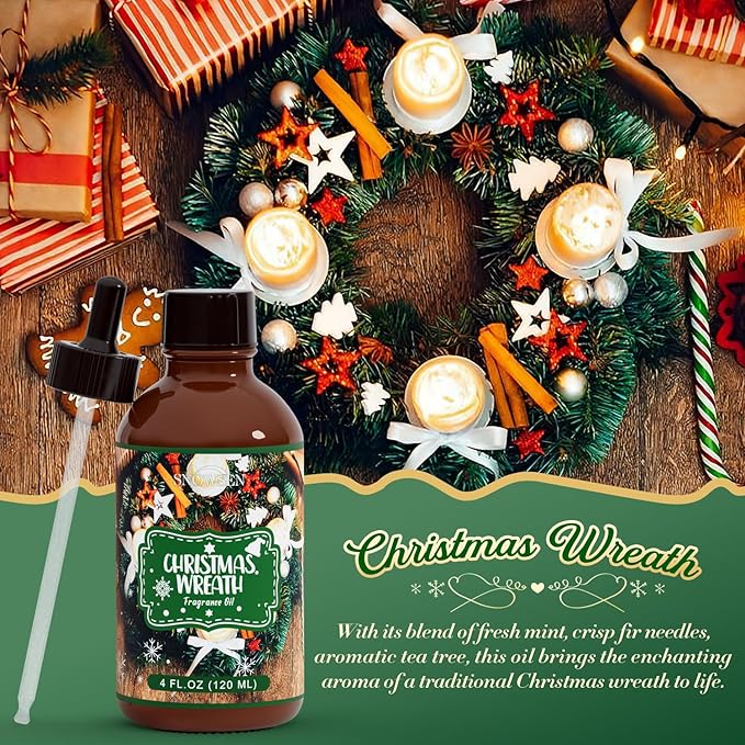 Christmas Wreath Fragrance Oil 4 Fl Oz, Undiluted Winter Essential Oil with Glass Dropper for Diffuser, Humidifier, House Cleaning,Spray,Soap Making,Candle Making,Yoga,Long Lasting Scents