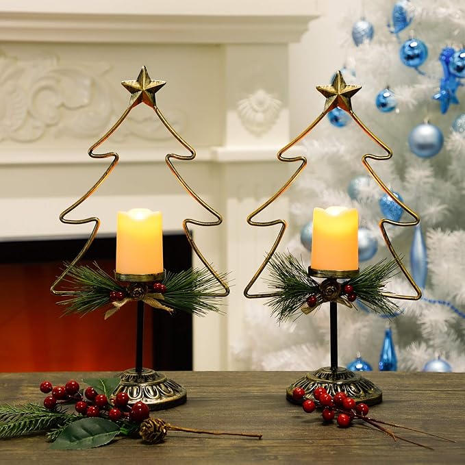 Lulu Home Lighted Christmas Table Decorations, 2 Pack 15.7 Inch Christmas Tree with Battery Operated Candle Lights, Light Up Christmas Tabletop Decorations, Xmas Holiday Winter Tabletop Desk Ornament