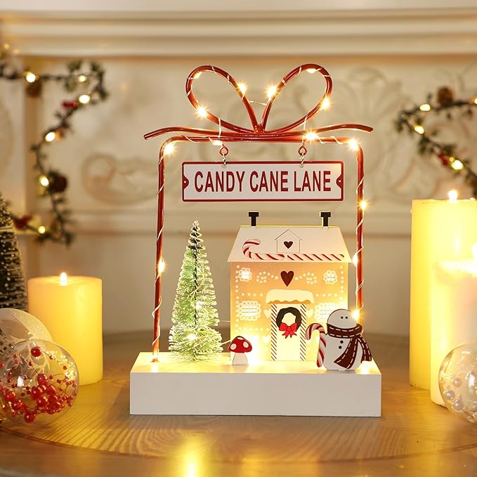 Christmas Tabletop Decoration, Wooden Lighted Decorations, Battery Operated Christmas Indoor Table Decorations (Candy Cane Lane & Giftbox)