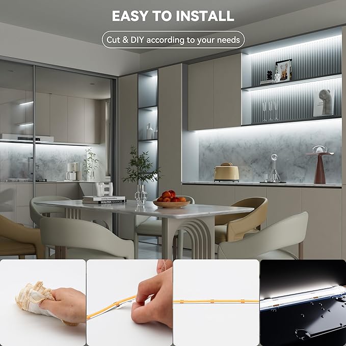 PAUTIX COB LED Strip Light IP65 Waterproof 32.8ft/10m 5040LEDs White 6000K,High Lumen Flexible CRI93+ LED Tape 24V Super Bright,for Home&Office Lighting Project(Adapter&Dimmer Sold Separately)