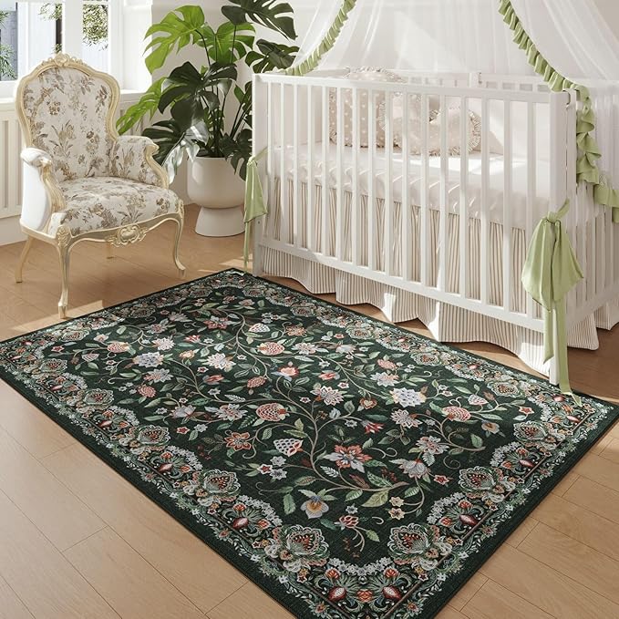 Rugcomf Vintage Paisley 3'x5' Area Rug - Machine Washable, Non-Slip Low Pile Small Floral Carpet for Bedroom, Bedside, Kitchen, Entryway, Kids/Girls Room, Office - Green