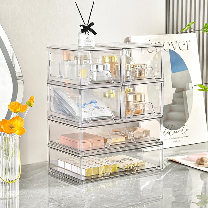 3 Pack Stackable Storage Drawers Clear Acrylic Organizer Makeup Bathroom Organizer and Storage for Beauty Supplies,Ideal for Vanity, Cabinet,Bathroom,Pantry Organization