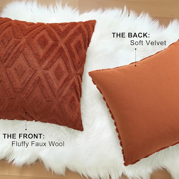 decorUhome Fall Couch Throw Pillow Covers 12x20 Set of 2, Decorative Soft Plush Faux Wool Lumbar Neutral Accent Pillow Covers for Bed Sofa Living Room, Rust