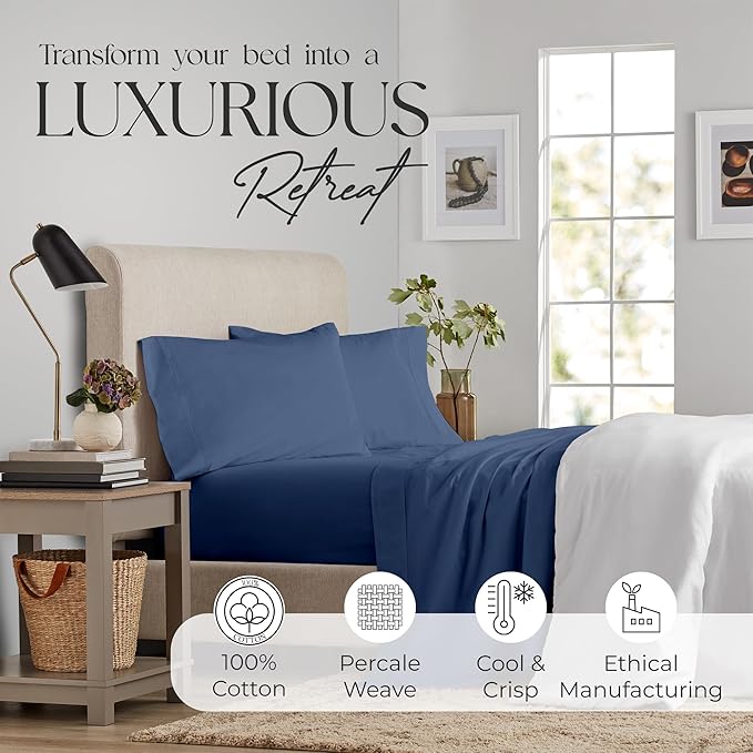 SUPREME ELEGANCE Full Size Bed Sheets Set - Natural 100% Cotton Percale Deep Pocket Full Size Sheets Set, OekoTex Made in Green Sustainable Cotton Bedding with Snug Fit, Crisp Comfy Feel, Dark Blue