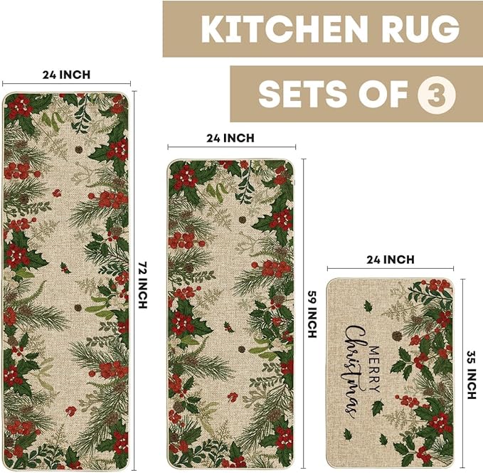 Artoid Mode Leaves Holly Merry Christmas Kitchen Mats Set of 2, Winter Home Decor Low-Profile Kitchen Rugs for Floor - 24"x36"+24"x59"+24"x72"
