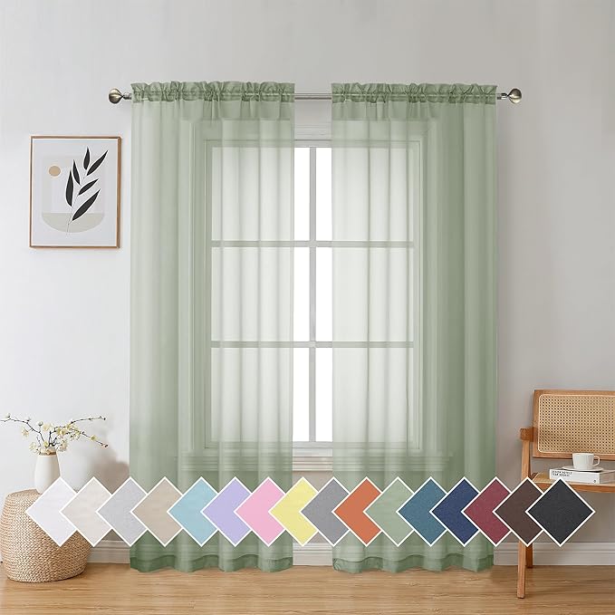 Aiyufeng Sage Green Sheer Voile Window Treatment Rod Pocket Curtain Panels for Kitchen Bedroom Living Room Drapes Sunlight Filtering Privacy Semi Home Decor Assorted Colors Sizes (40 W x 72 L)
