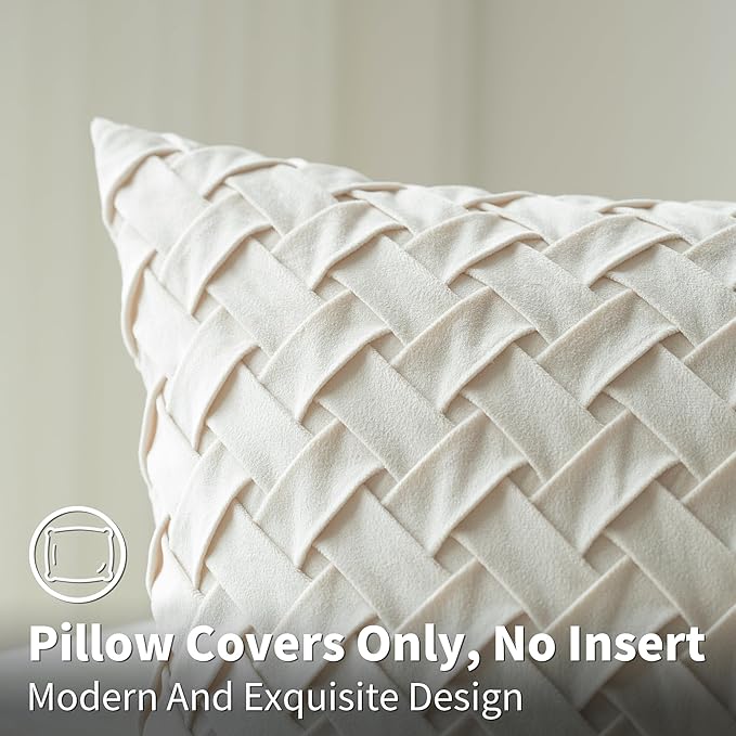 Velvet Decorative Throw Pillow Covers Set of 2, 18x18 Inch Soft Modern Weave Cushion Case, Farmhouse Home Decor Pillowcase for Sofa Living Room Couch Bed Cream White