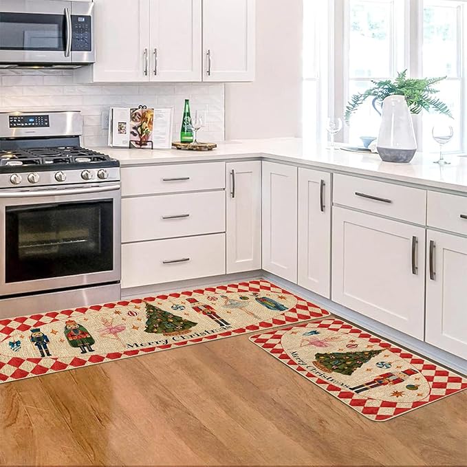 VAKADO Christmas Kitchen Rugs Door Mat Set of 2,for Decor Kitchen Door Front Doormat Nutcracker Floor Decorations Stain Fade Resistant Non-Slip Rubber Backing Rug(17x29 Inch,17x47 Inch)