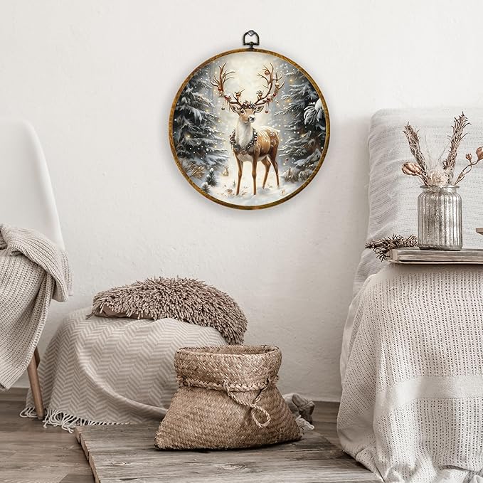 XPH Christmas Reindeer Round Wall Art Framed, Cottage Winter Forest Wildlife Deer Circle Wall Decor, Rustic Xmas Cozy Winter Hanging Canvas Prints for Home Bedroom Living Room Decoration, 10x10 Inch
