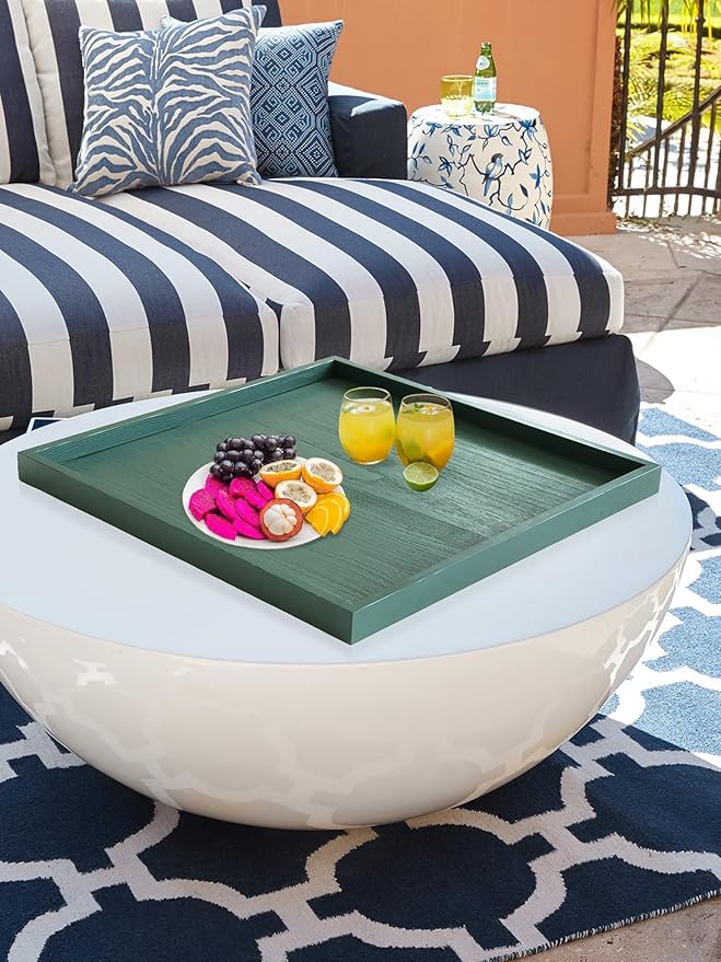 Square Ottoman Table Tray 24" - Rustic Wooden Serving Tray for Farmhouse Decorative Oversized Coffee Table Trays Living Room Kitchen Counter Breakfast Green