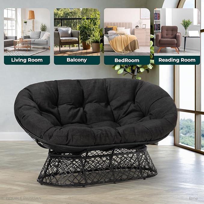 Bme Double Papasan Chair, 600lbs Capacity, Ergonomic Design, Soft Thick Fabric, Bee-Designed Base, Durable Steel, 61", Black Cushion-Black Frame