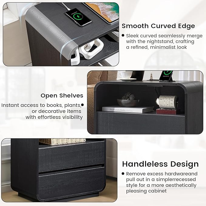 Black Nightstand with Charging Station, 25" Tall Wood Bedside Table, Modern End Table with 2 Storage Drawers, Curved Profile, Mid Century Night Stand for Bedroom, Dorm, Sofa, Office