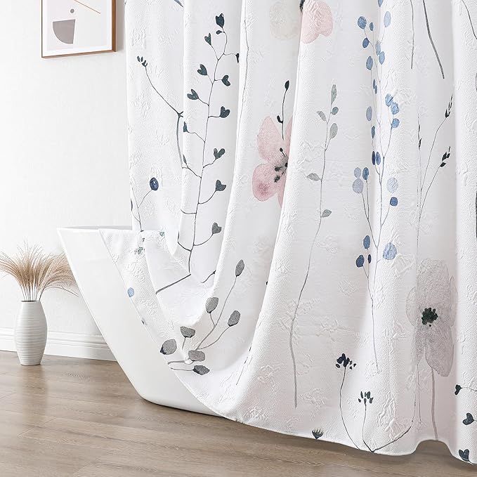 QiyI Watercolor Floral Shower Curtain, 3D Embossed Butterflies Pink Blue Bathroom Curtain, Minimalist Farmhouse White Bath Curtain, Waterproof Fabric Flower Shower Curtain Set with Hooks, 72x72