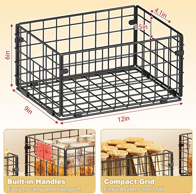 X-cosrack Metal Wire Basket Pantry Baskets Foldable Cabinet Organizers with Handles-6 Pack-12"x9"X6", Food Storage Freezer Organizer Bins for Kitchen Bathroom Laundry Closet Garage - Patent Design