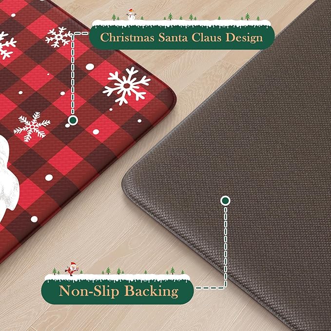 Christmas Kitchen Mats Cushioned Anti Fatigue, Santa Claus Farmhouse Kitchen Floor Mat Non Slip Kitchen Rugs Sets of 2, Buffalo Plaid Kitchen Sink Mats for Home Decor(Red & Black)