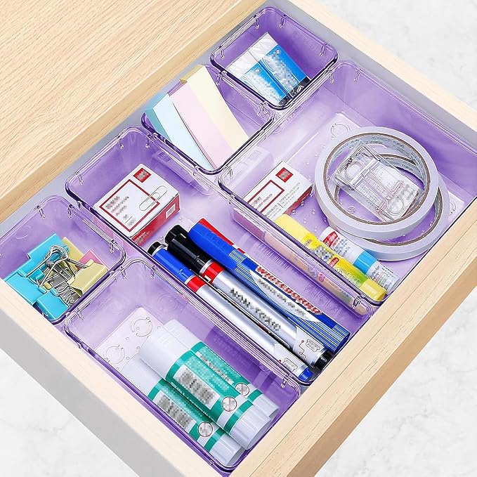 25 PCS Drawer Organizer Set, 4 Varied Size Bathroom and kitchen Drawer cabinet organizer Trays, Clear Storage Bins for Makeup, Jewelry, Utensils and Gadgets, Purple