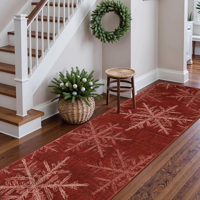 Lahome Snowflake Christmas Runner Rug, 2x6 Red Christmas Rug Runner Soft Non Slip Kitchen Runner Rugs with Rubber Backing Holiday Decor Carpet Runners for Hallways Bedroom Laundry(2x6ft,Red)