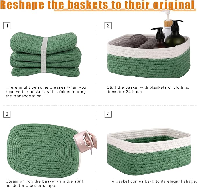 OIAHOMY 4 Pack Storage Baskets for Organizing, Small Bins for Shelves, Cute Decorative Storage Bins, Organizer Baskets for Gifts Empty, 11.8''Lx7.8''Wx4.7''H, Green/White