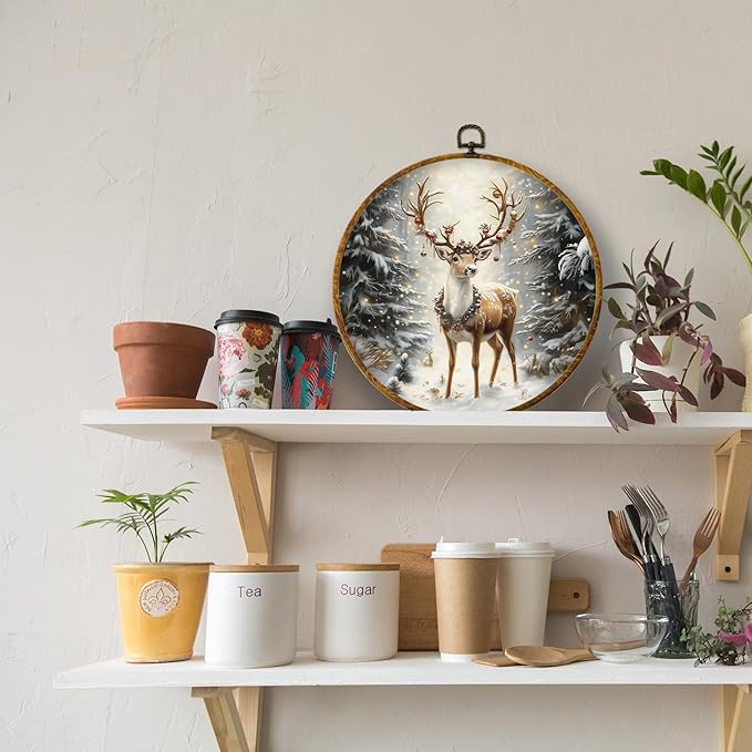 XPH Christmas Reindeer Round Wall Art Framed, Cottage Winter Forest Wildlife Deer Circle Wall Decor, Rustic Xmas Cozy Winter Hanging Canvas Prints for Home Bedroom Living Room Decoration, 10x10 Inch
