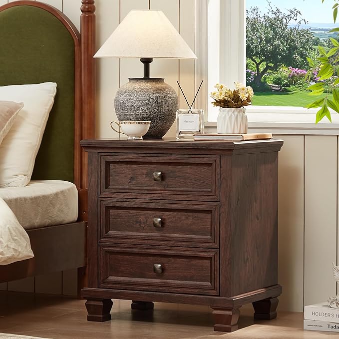 Farmhouse Nightstand with 3 Drawers, Rustic Couch End Table with 4 Square Solid Wood Legs, Mid-Century Modern Bed Side Table with Storage, Small Dresser for Bedroom, Living Room, Walnut