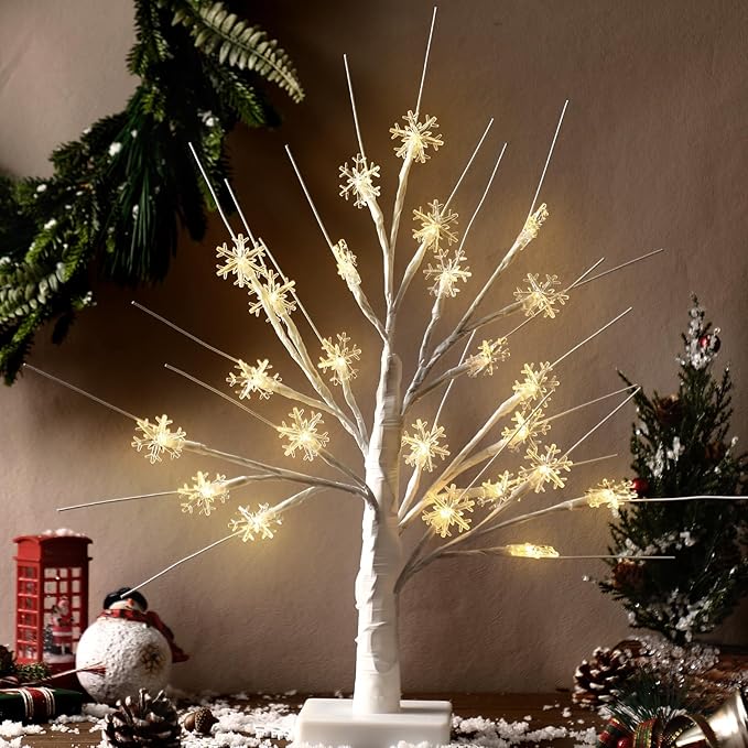 Retisee Snowflake Tree LED Light with 24 LED Lights Timer USB Battery Operated Christmas Snow Indoor Outdoor for Home Table Party Decor(Warm Color,Snowflake)