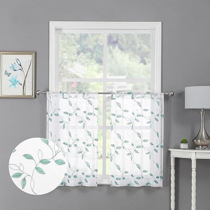 Tollpiz Teal Blue Leaf Sheer Tier Curtains Leaves Embroidered Kitchen Short Curtain Rod Pocket Voile Bathroom Curtains for Cafe, 30 x 24 inches Long, Set of 2 Panels