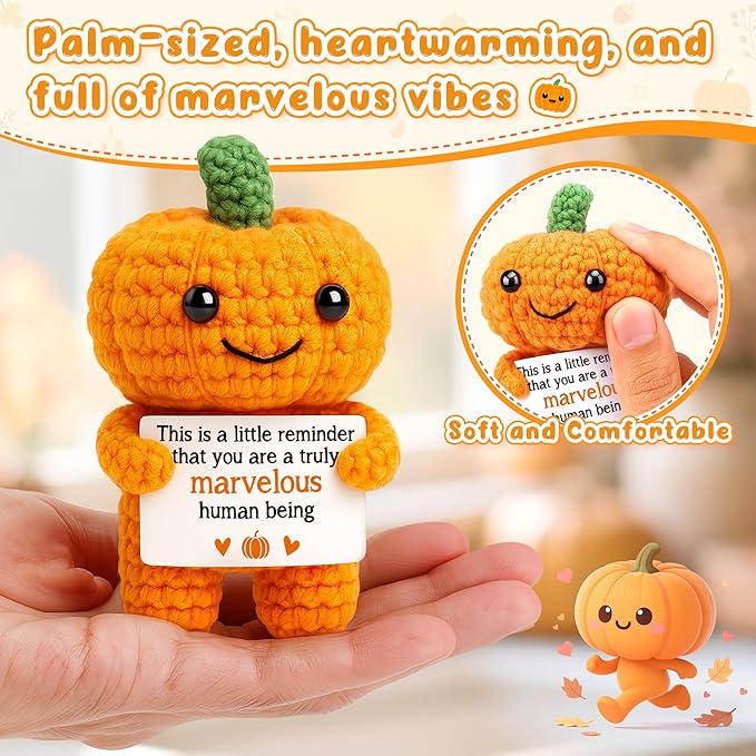 Mini Pumpkin Man Halloween Decor Indoor Gifts, Halloween Basket Gifts for Women Teen Girl Boy Kid, Spooky Boo Basket Stuffers, Fall Thanksgiving Decorations for Home, Handmade Crochet Pumpkin Decor