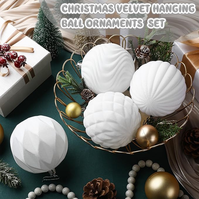 4 Pcs 4 Inch Large Velvet Christmas Ball Ornaments Vintage Christmas Plastic Ball Ornaments Flocked Tree Hanging Decoration for Xmas Party Wedding Home Decor(White)