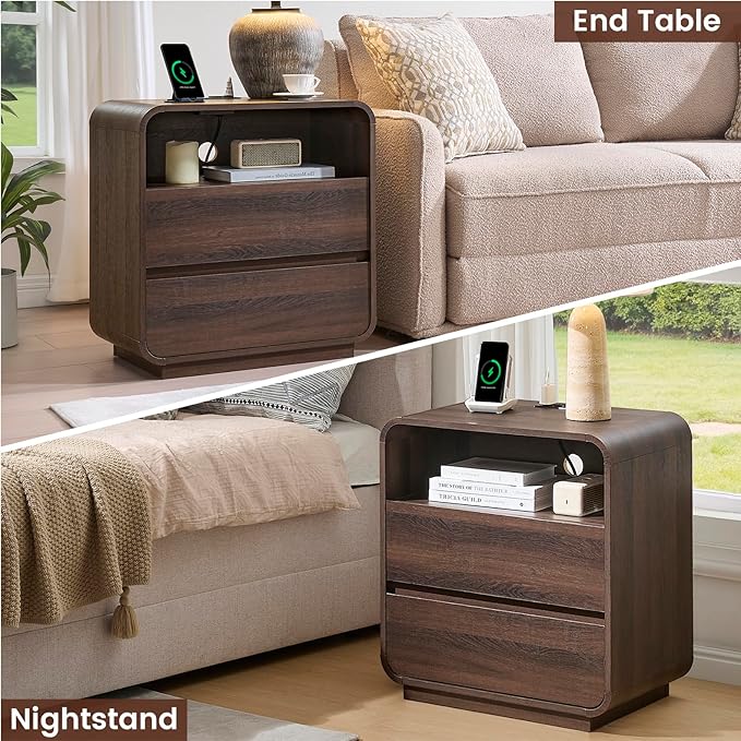 Modern Walnut Nightstand, 25" Tall Wooden Bedside Table with Charging Station, 2 Storage Drawers Side Table Curved Profile, Handleless, Large End Table Night Stand for Bedroom, Office