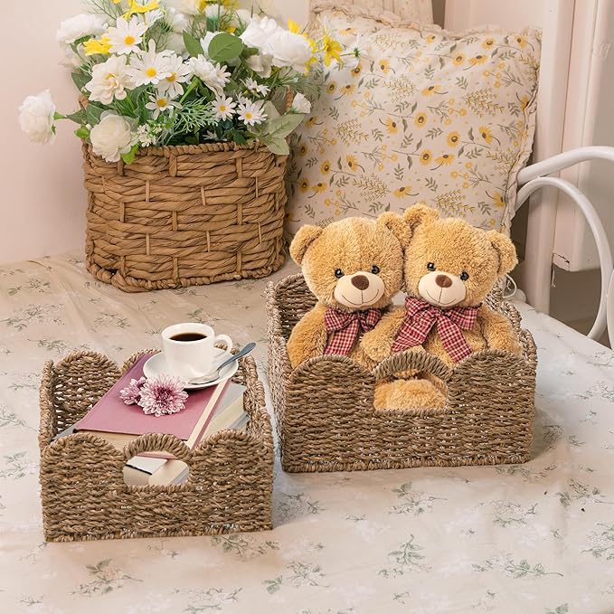 KOKODO Set of 2 Scalloped Wicker Baskets – Handwoven Sqaure Seagrass Storage Baskets with Handles for Organizing, Bathroom, Living Room & Shelf Décor – Decorative Rattan Organizing Bins