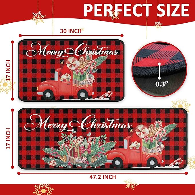 Buffalo Plaid Red Truck Christmas Kitchen Rugs 2 PCS, Merry Christmas Kitchen Rug, Non Skid Washable Soft Comfort Kitchen Rugs Set (17"x47"+17"x30",Merry Christmas)