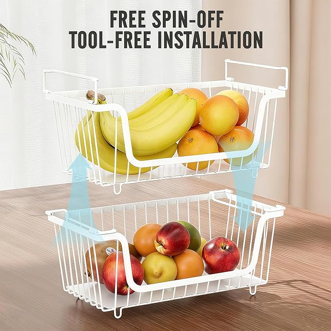 4 Pcs Stackable Wire Baskets for Pantry Organizers and Storage,Vegetable Fruit Basket for Countertop,Kitchen Storage Metal Baskets,Produce Potato Onion Storage Bin,White