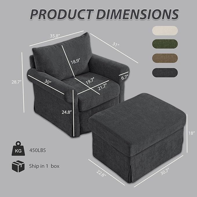Modern Living Room Chairs with Ottoman, Comfy Chenille Reading Armchair with Rolled Arms and Cushion Backrest, 35.8" W Oversized Chaise Lounge Chair for Bedroom, Study, Apartment, Grey