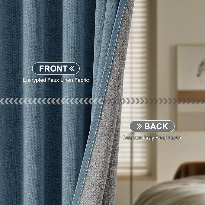 100% Blackout Curtains for Bedroom 90 inch Length 2 Panels Set, Farmhouse Linen Textured Full Light Blocking Room Darkening Thermal Insulated Drapes for Living Room (W52xL90, Dusty Blue)
