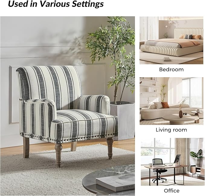 HULALA HOME Modern Armchairs Set of 2 with Wooden Legs & Nailhead Trim, Comfy Upholstered Accent Chairs for Living Room Bedroom Office(Stripe Pattern, Black)