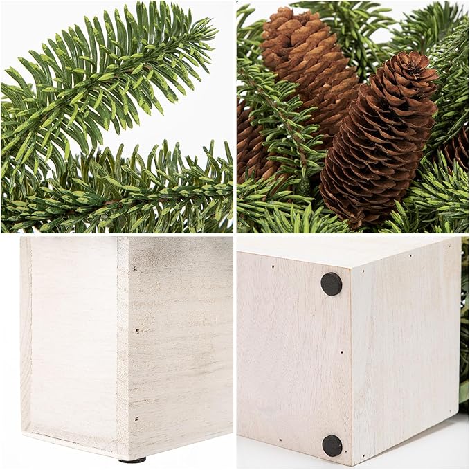 DILATATA Christmas Centerpieces 8 Inch Artificial Christmas Plant in Rectangular Wooden Pot Tabletop Pine Plants with Pine Cones for Winter Holiday Party Fireplace Mantel Xmas Decor