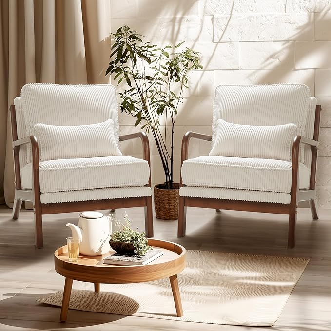 FLEXISPOT AC1 Mid Century Modern Accent Chair with Wood Frame, Corduroy Upholstered Armchair with Thickened Backrest & Lumbar Pillow, Comfy Reading Chair for Living Room, Bedroom, Balcony (White)