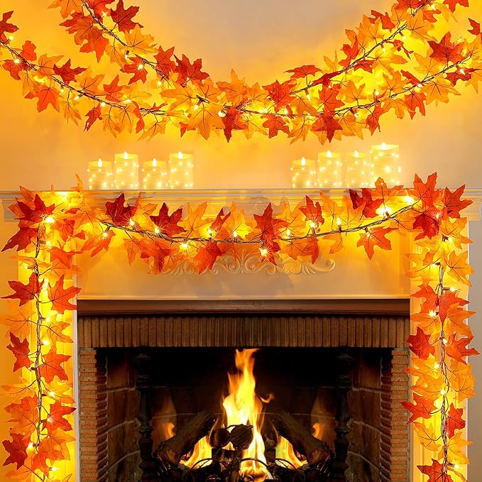 OCATO Fall Decor Fall Decorations for Home: Thanksgiving Decorations 10.8 FT Plug in Fall Garland with Lights 50 Orange Bulbs Lighted Fall Garland Lights for Thanksgiving Table Decor Indoor Outdoor