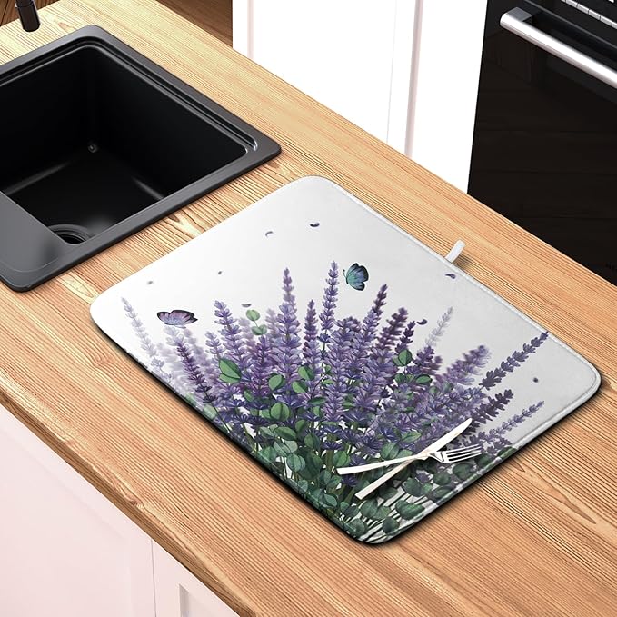 Purple Lavender Dish Drying Mat for Kitchen Counter Spring Summer Floral Microfiber Dish Drainer Mats Green Leaves Butterfly Absorbent Reversible Dish Drainer Rack Mat 16x18 Inch